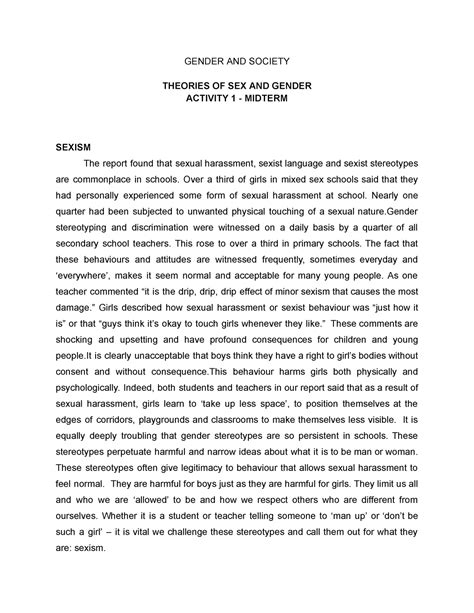 Theories Of Sex And Gender Activity 1 Midterm Gender And Society