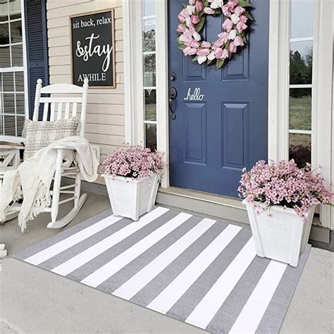 KOZYFLY Striped Outdoor Rug 3x5 Ft Front Door Rug Gray And White Hand