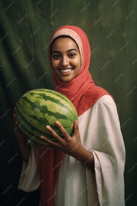 Premium Ai Image Woman In Hijab Holding A Watermelon On Green Background Created With