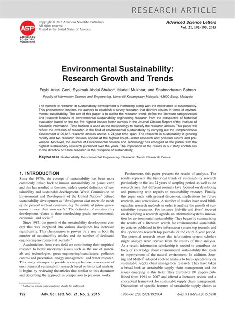 Pdf Environmental Sustainability Research Growth And Trends