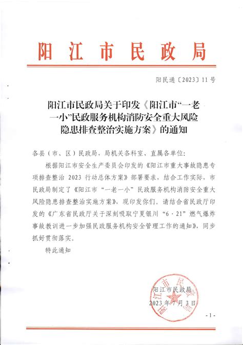 阳江市民政局关于印发《阳江市“一老一小民政服务机构消防安全重大风险隐患排查整治实施方案》的通知 阳江市人民政府门户网站