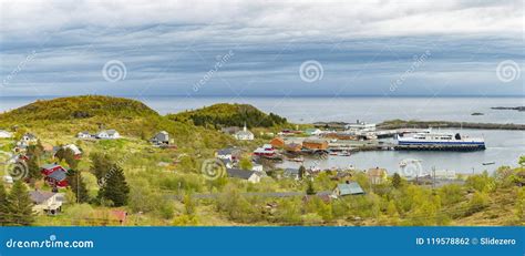 Panoramic View of Moskenes Village, Ferry Arrival and Unloading Stock ...