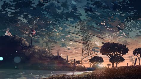 Artwork Sunset Anime Trees Clouds Utility Pole Power Lines HD