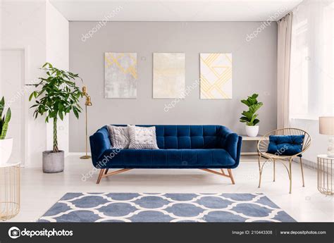 Royal Blue Couch Two Pillows Standing Real Photo Bright Living — Stock ...