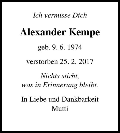 Traueranzeigen Von Alexander Kempe Trauer Anzeigen De