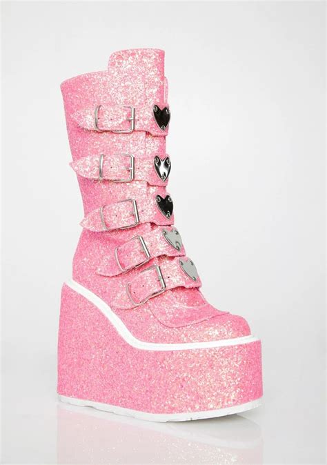 Demonia Swing 230 Heart Buckle Platform Boots Pink Glitter Platform