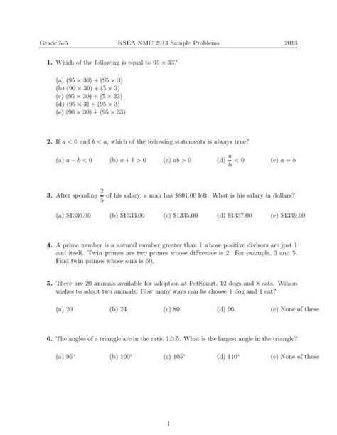 Download Math Test Sample 5th Grade Worksheets Library