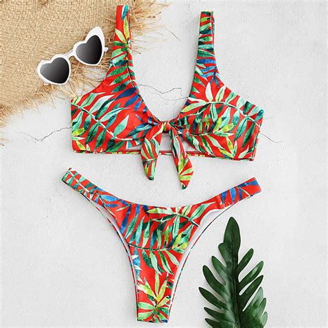 ZAFUL femmes Bikini ensemble feuille imprimé noeud coupe haute Bikini