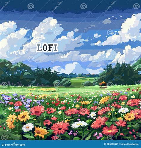 Pixel Art Landscape With Colorful Meadow Stock Image Image Of Blooms