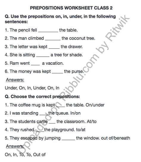 Prepositions Worksheet For Cbse Class