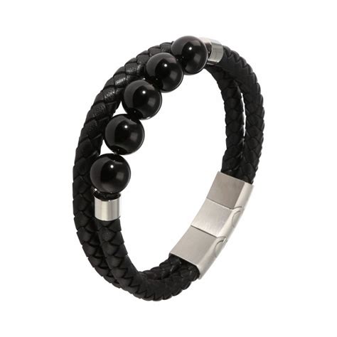 Bracelet Homme Multi Rangs Cuir Noir Et Onyx Ref 53036