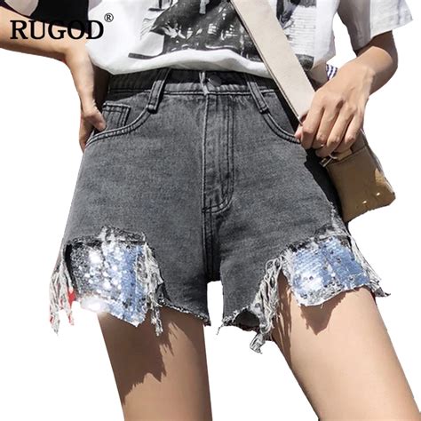 Rugod Fashion Patchwork Sequins Tassel Jean Shorts 2018 Summer Casual