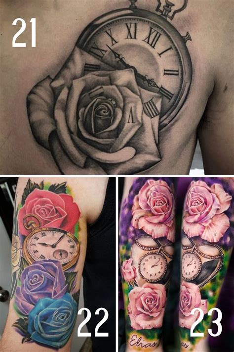 Timeless Flower And Clock Tattoo Ideas Tattoo Glee