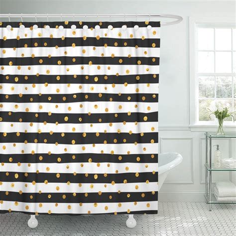 Pknmt Random Gold Dots On White And Black Stripes Shower Curtain 60x72