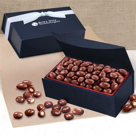 Promotional Chocolate Covered Almonds In Navy Magnetic Closure Box Personalized With Your Custom