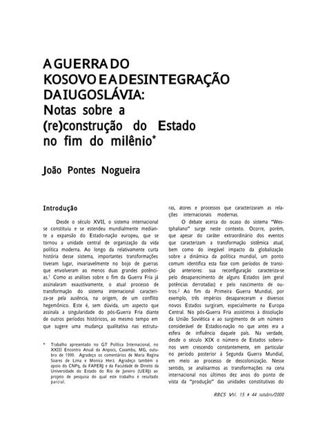 Pdf A Guerra Do Kosovo E A Desintegração Da Iugoslávia Notas Sobre A Reconstrução Do Estado