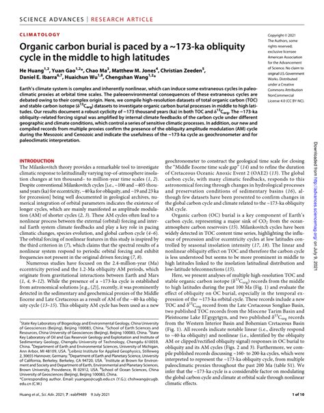 (PDF) Organic carbon burial is paced by a ~173-ka obliquity cycle in the middle to high latitudes