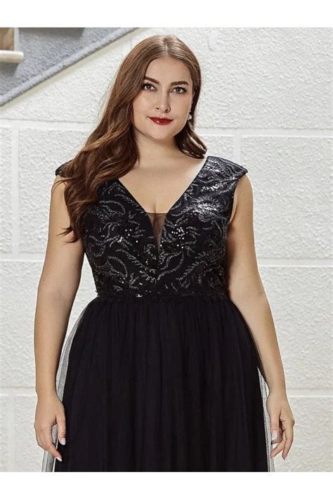 Plus Size Aline Deep Vneck Tulle Evening Dress With Sequins 59 48