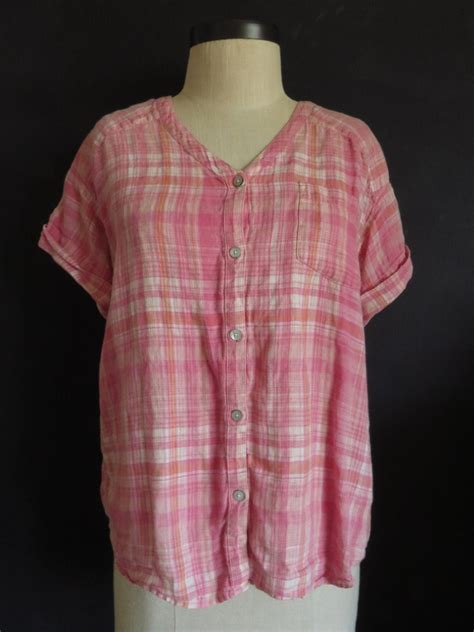 J Jill Linen Pink Plaid Linen Top Blouse Button Front Short Etsy