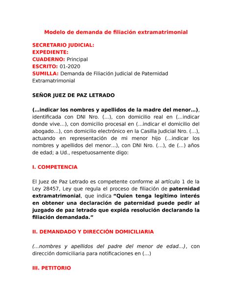 demanda de filiacion judicial de paternidad extramatrimonial modelo de demanda de filiación