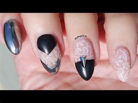 Black Leather Silver Chrome Nude Lace Nail Design Tutorial YouTube