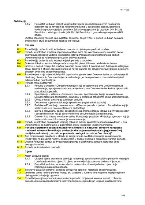 Zbrinjavanje Metalnog I Ostalog Otpada Dokumentacija Za Nadmetanje