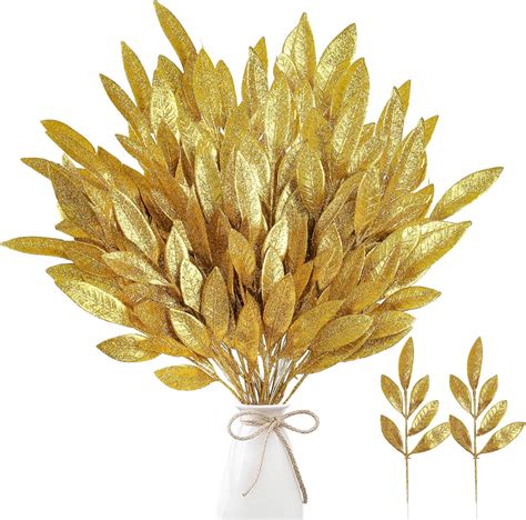 40 Pieces Artificial Glitter Leaf Gold Glittered Spray Picks 13 Fake