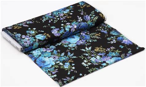 Black With Blue Teal Purple Flower Gold Metallic Fabric By Timeless