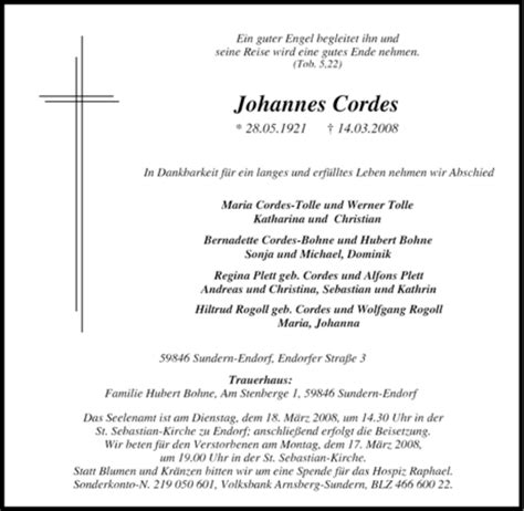 Trauer Und Todesanzeigen Von Johannes Cordes Trauer De