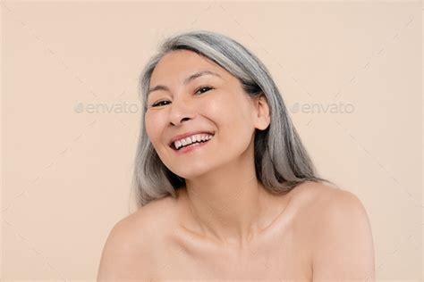 Laughing Beautiful Caucasian Mature Middle Aged Naked Shirtless Woman