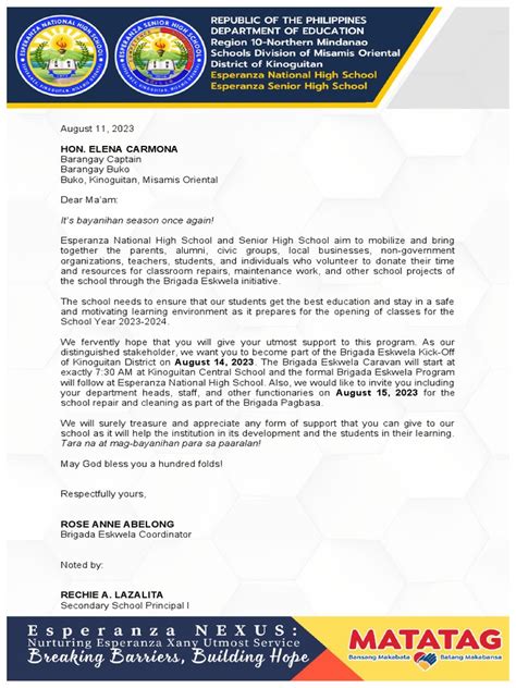 Letter Brigada Eskwela 2023 Pdf