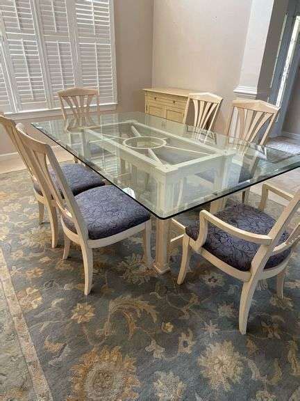 Ethan Allen Glass Top Dining Room Table With Arm Chairs And Side