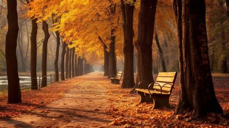 Premium AI Image | Park benches with Autumn leaves in the park