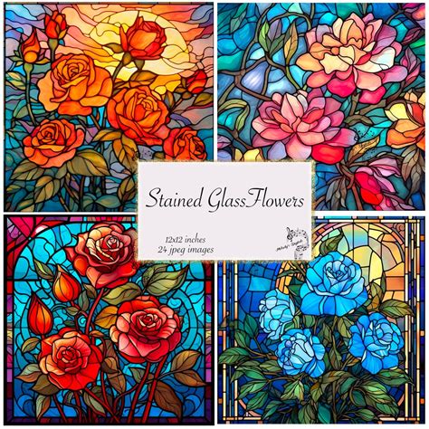 Stained Glass Flowers Rococo Journal Paper Digital Flower Paper Stained