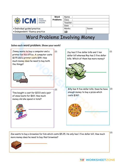 Solving Word Problems Involving Money Worksheet