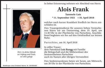 Traueranzeigen Von Alois Frank Trauer Bz