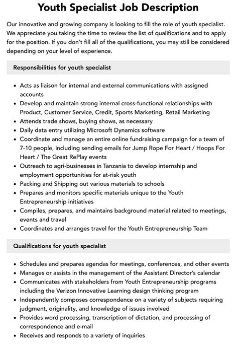 Youth Specialist Job Description Velvet Jobs