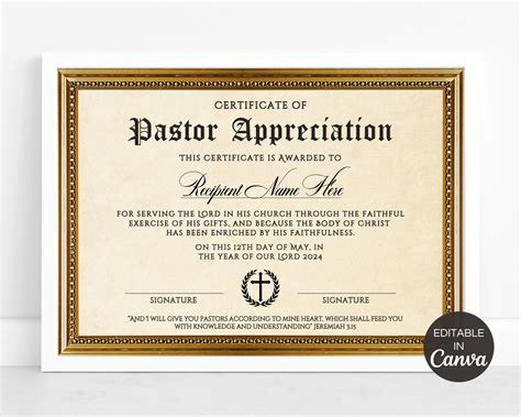 Pastor Appreciation Certificate, Editable Pastor Certificate of ...