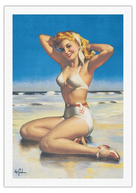 Yours For The Basking Blonde Swimsuit Beauty On Beach Vintage Pin Up Girl Print By Art Frahm