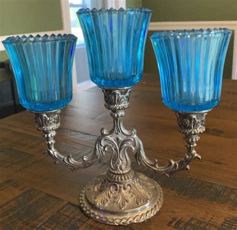 Vintage Ornate Brass Arm Candelabra With Blue Glass Votives