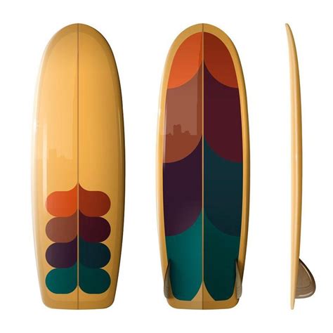 Three Surfboards With Different Designs On Them One Is Yellow And The