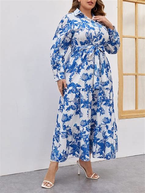 Shein Vcay Robe Chemise Imprim Floral Volants Ceintur Mode En