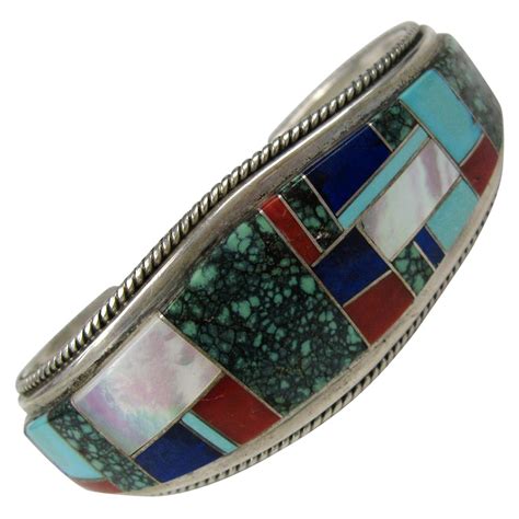 Sterling Zuni Raised Inlay Turquoise Coral Onyx Cuff Bracelet For Sale