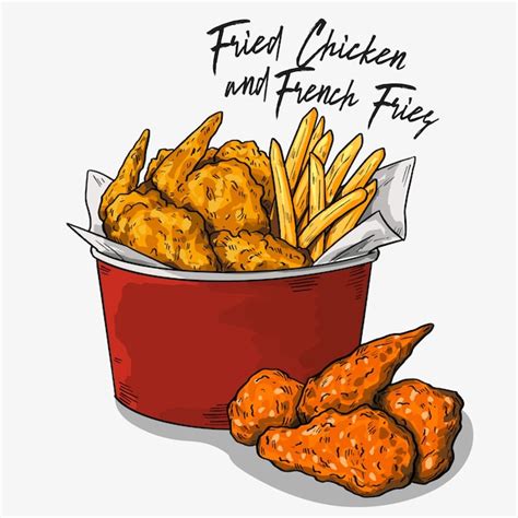 Premium Vector Hand Drawn Fried Chicken And French Fries In Bucket