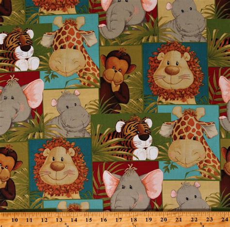 Cotton Jungle Babies Safari Animals Giraffes Elephants Lions Monkeys