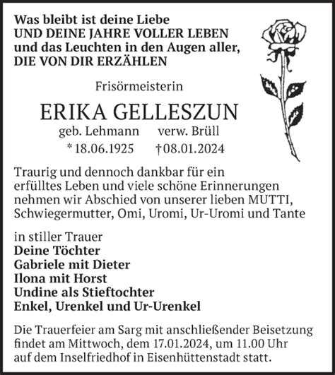 Traueranzeigen von Erika Galleszun Märkische Onlinezeitung Trauerportal