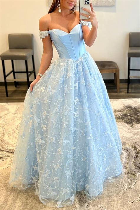 Queendancer Women Blue Long Prom Dress Lace Off The Shoulder A Line