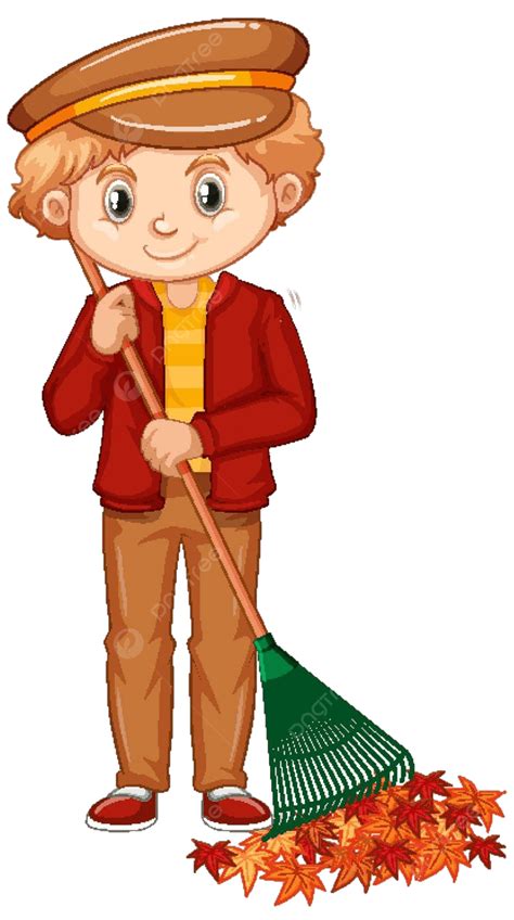 Boy Raking Leaves On White Background Childhood Kid Act Vector