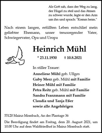 Traueranzeigen von Heinrich Mühl vrm trauer de