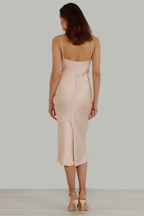 Cowl Neck Satin Slip Cami Midi Dress Blush Cobuydi